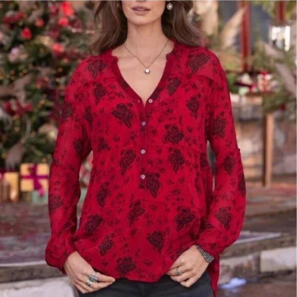 Sundance Elodie Red Black Floral Tiered Blouse Bohemian Witchy Goth Medium